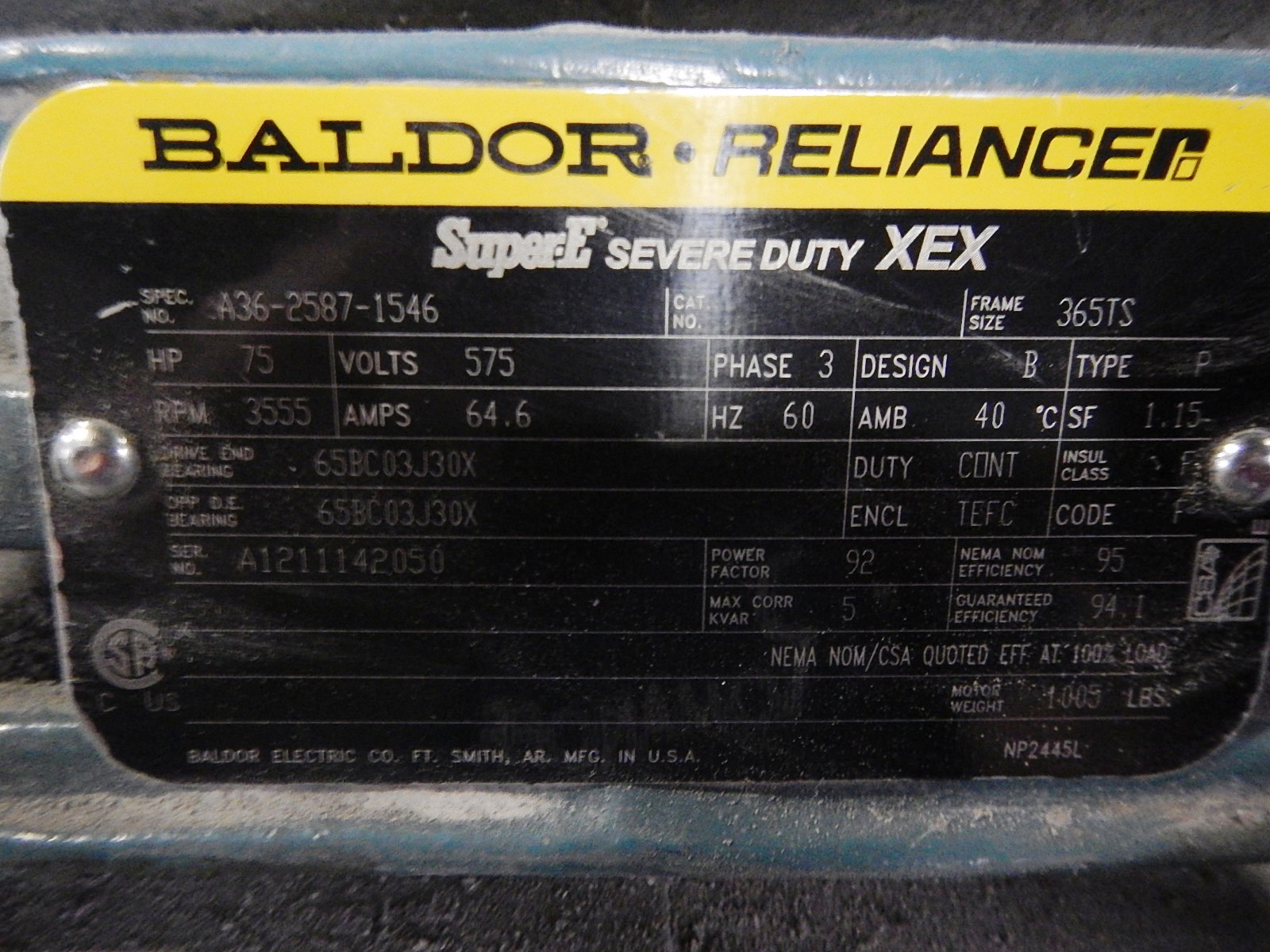 Baldor-Reliance 75 HP 3600 RPM 365TS Squirrel Cage Motors 75209