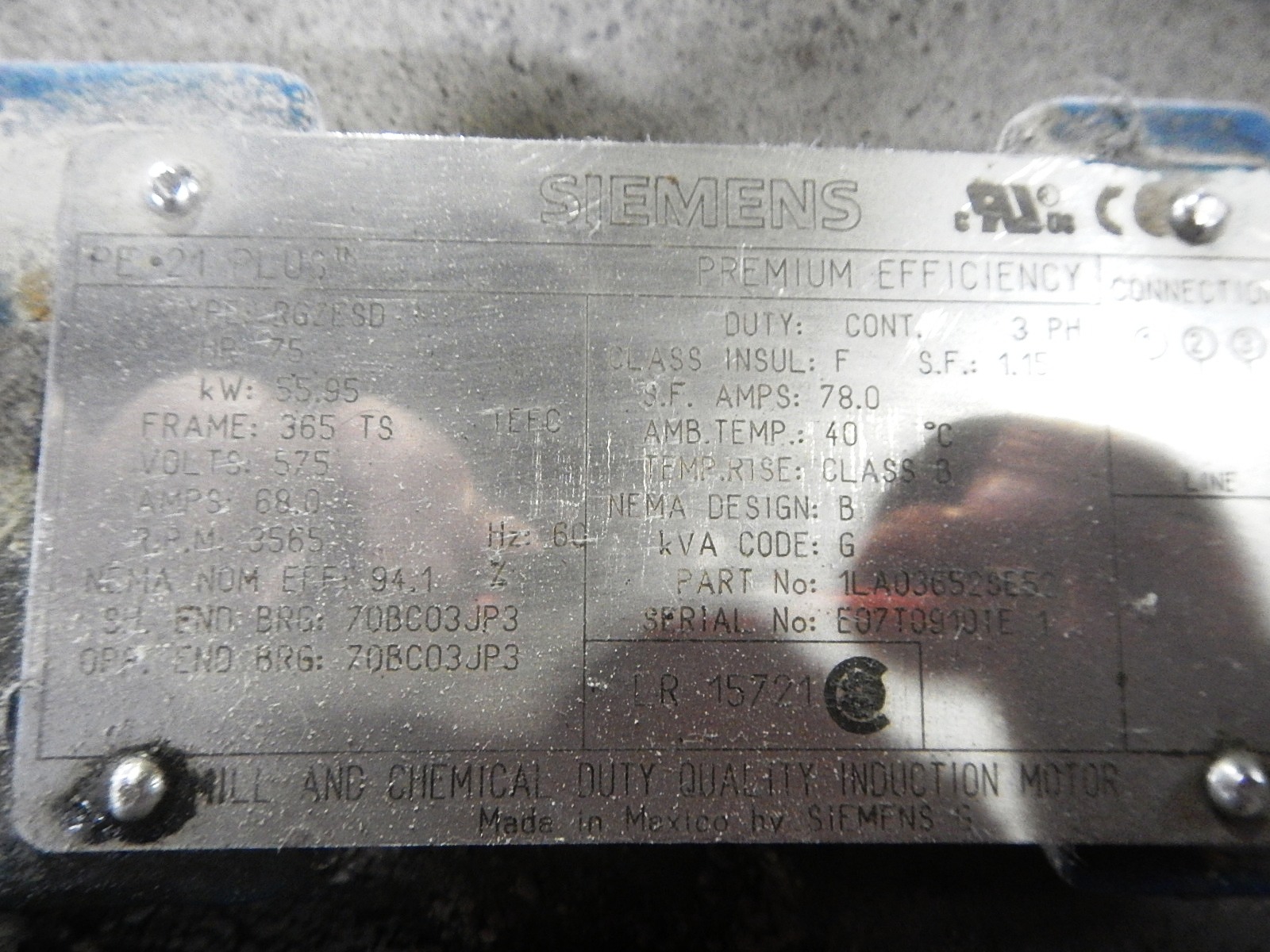Siemens 75 HP 3600 RPM 365TS Squirrel Cage Motors 75210