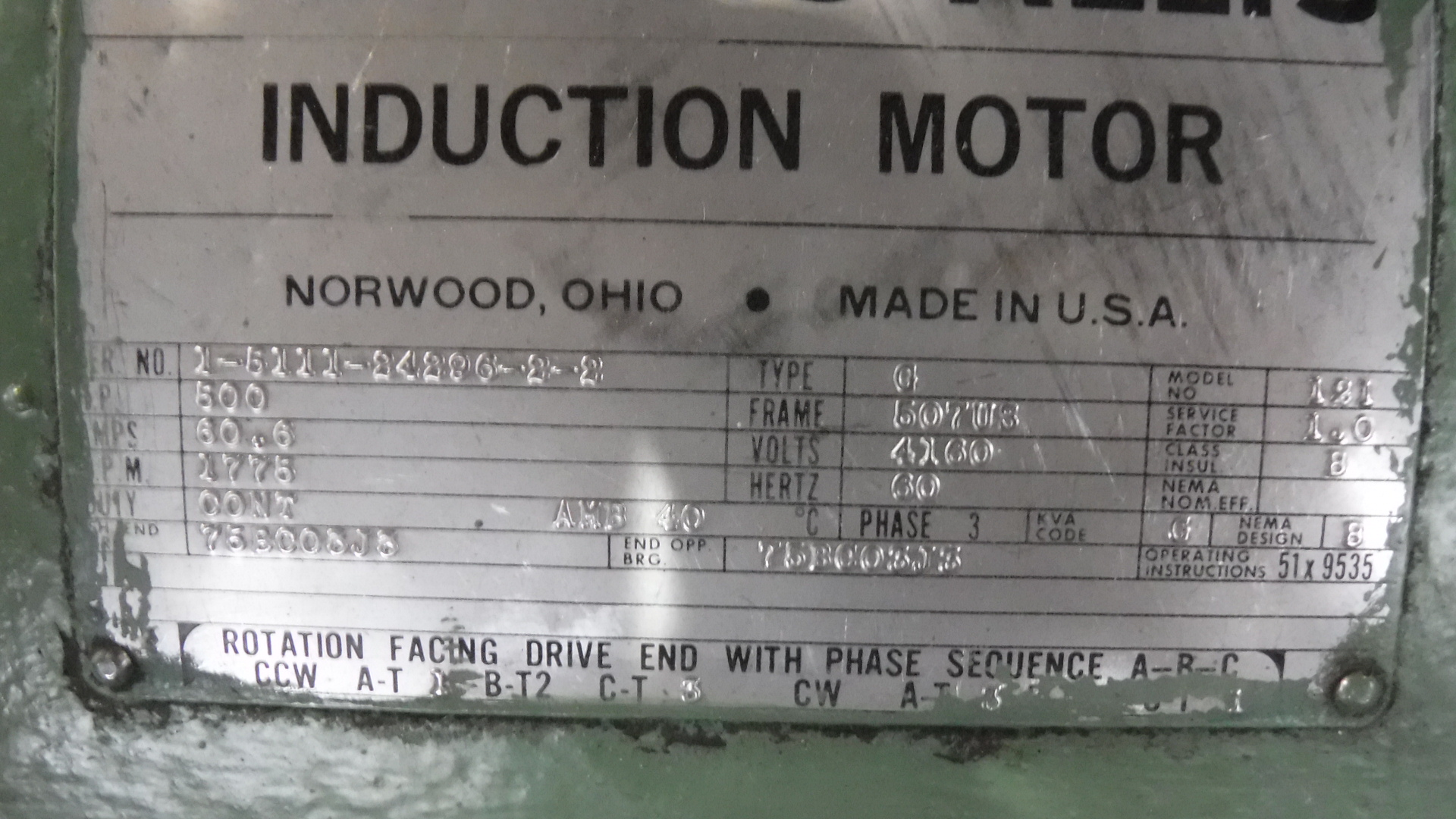 Siemens-Allis 500 HP 1800 RPM 507US Squirrel Cage Motors 75285
