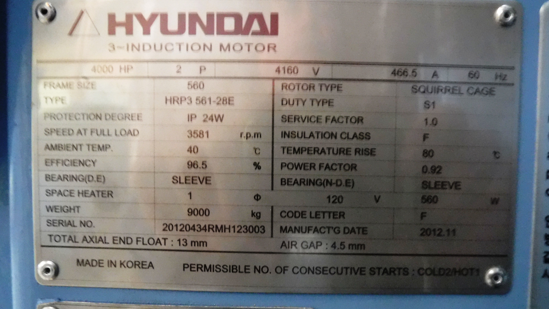 Hyundai 4000 HP 3600 RPM 560 Squirrel Cage Motors 75297