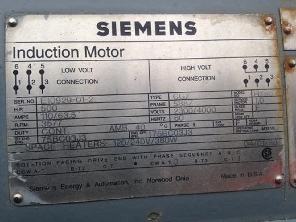 Siemens 500 HP 3600 RPM 588Z Squirrel Cage Motors 75338