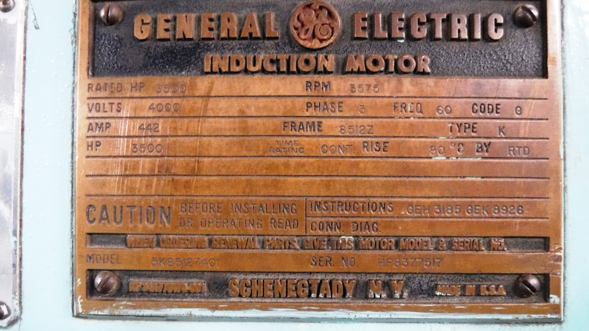 General Electric 3500 HP 3600 RPM 8512Z Squirrel Cage Motors 75551