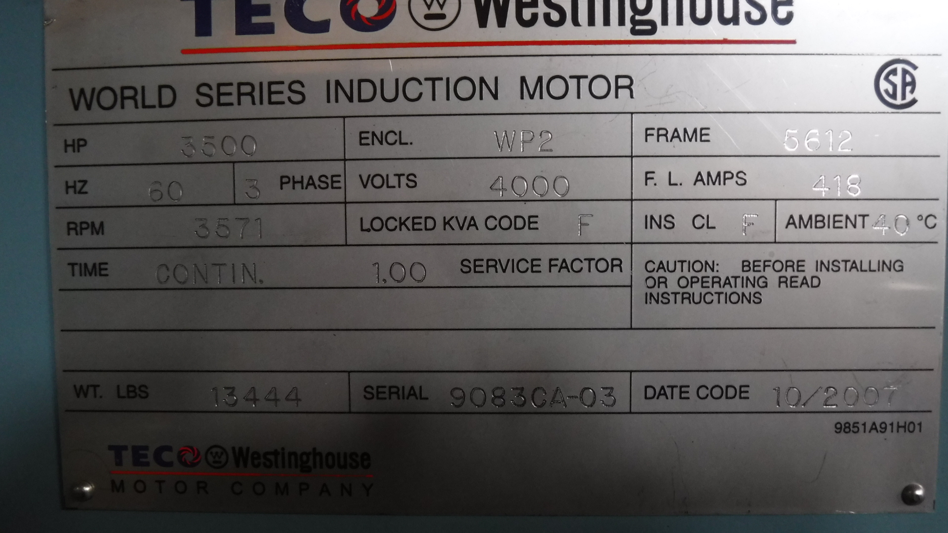 Teco Westinghouse 3500 HP 3600 RPM 5612 Squirrel Cage Motors 75555