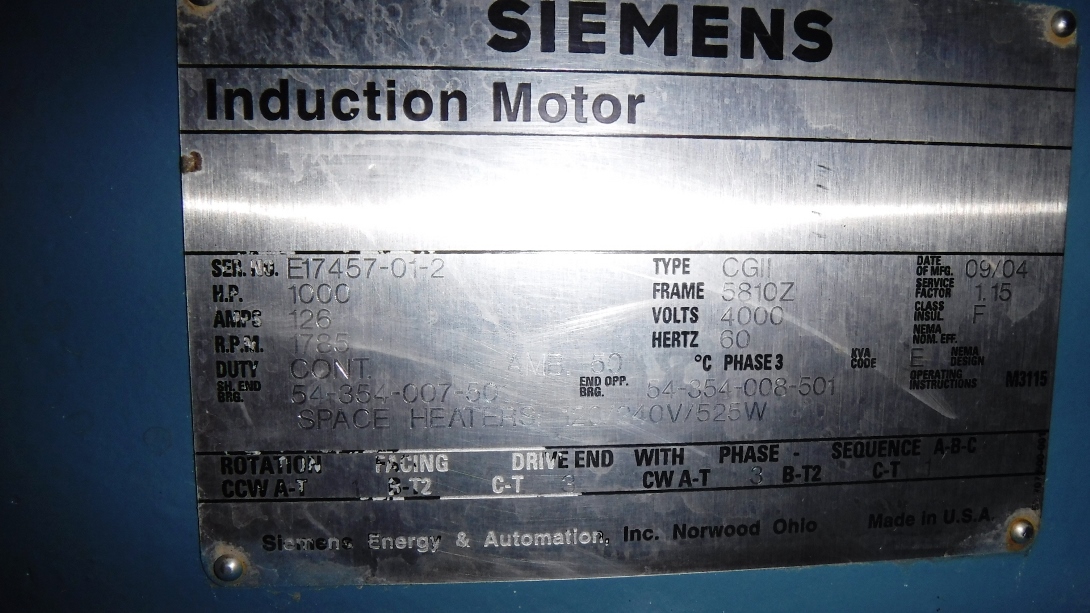 Siemens 1000 HP 1800 RPM 5810Z Squirrel Cage Motors 75556
