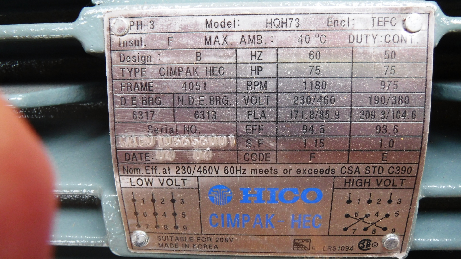 Hico 75 HP 1200 RPM 405T Squirrel Cage Motors 75713