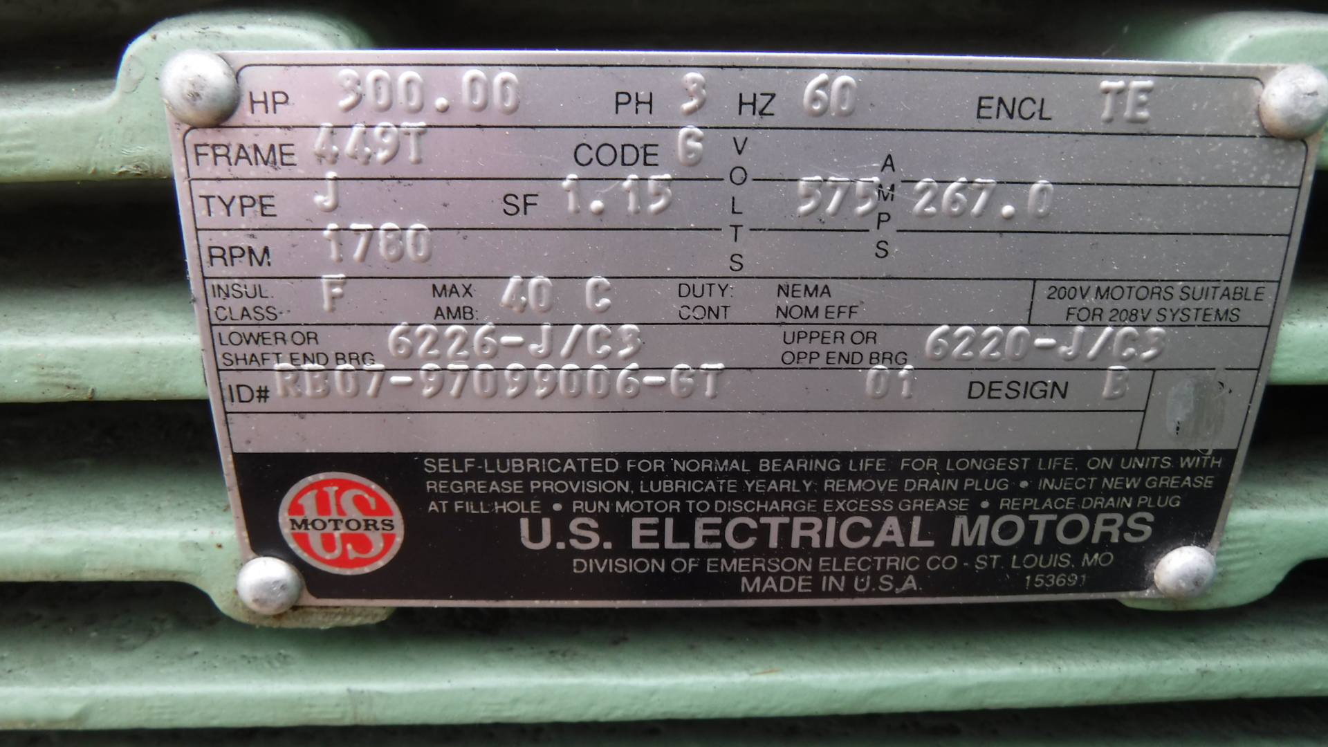 US Electric 300 HP 1800 RPM 449T Squirrel Cage Motors 75861