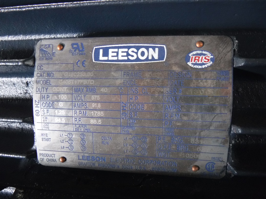Leeson 100 HP 1800 RPM 405T Squirrel Cage Motors 75939