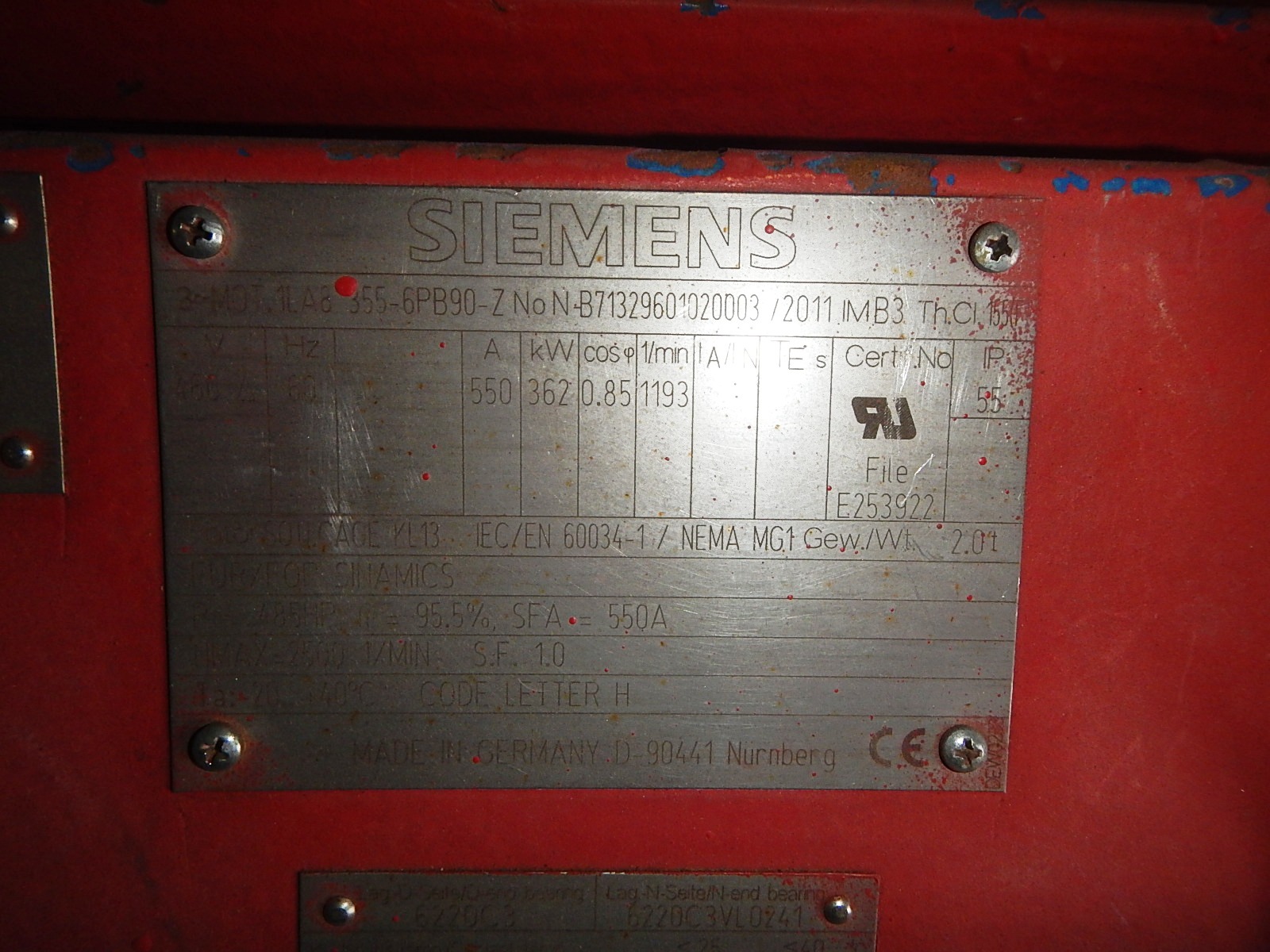 Siemens 450 HP 1200 RPM 355 Squirrel Cage Motors 76175