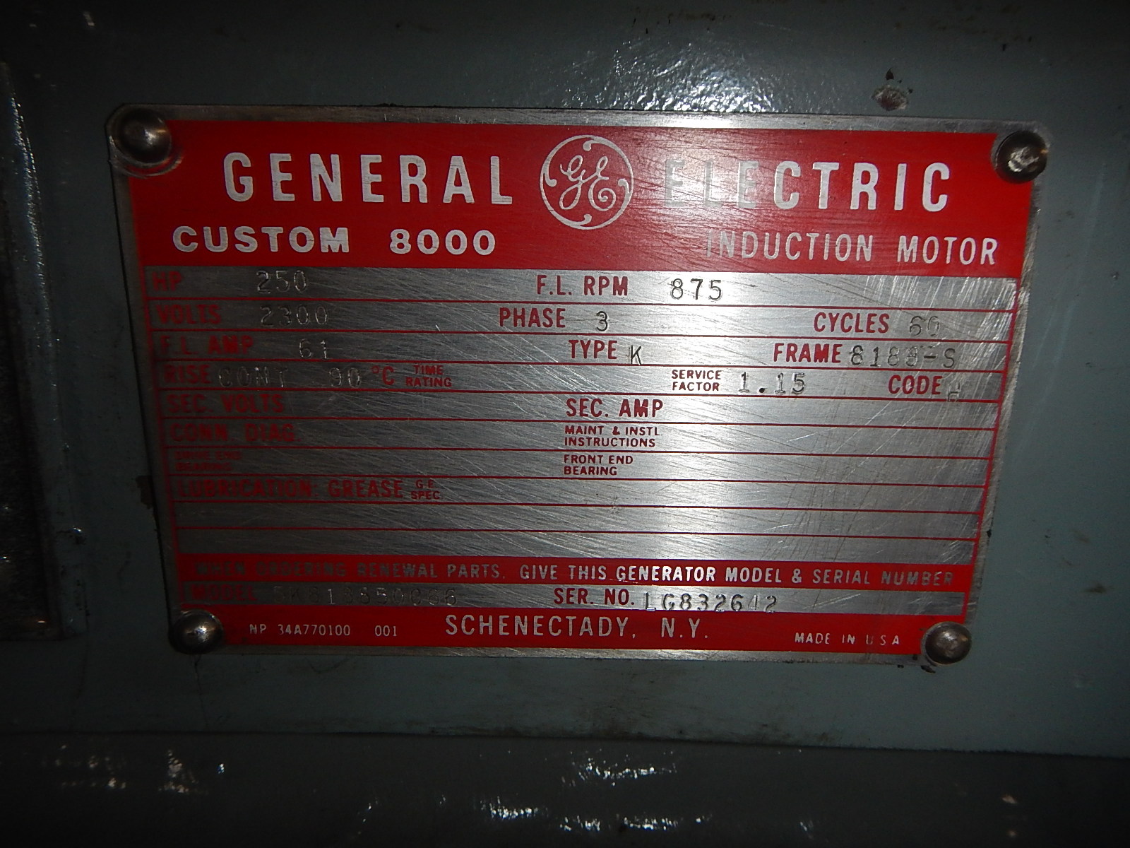 General Electric 250 HP 900 RPM 8188S Squirrel Cage Motors 76262