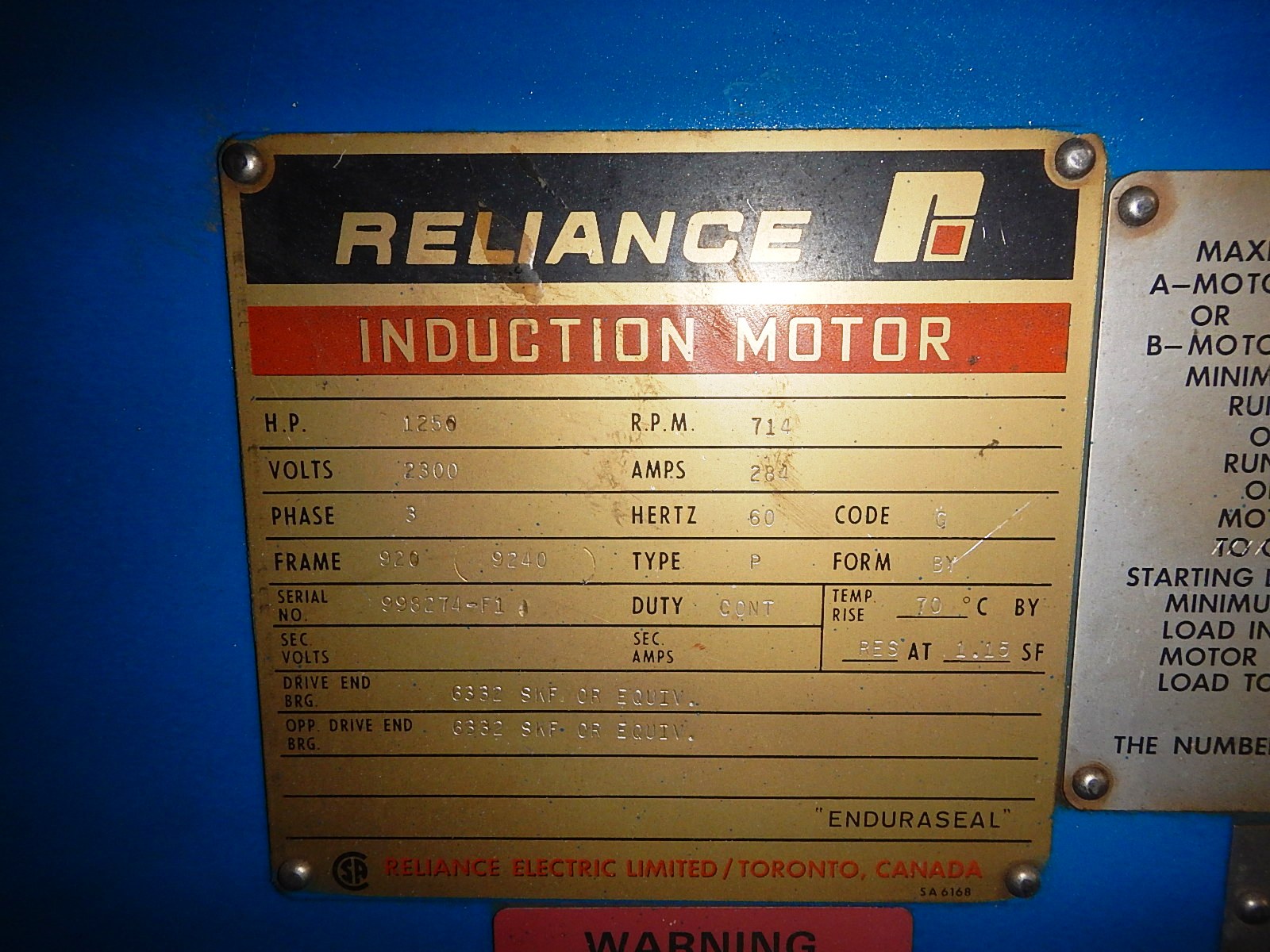 Reliance 1250 HP 720 RPM 9240 Squirrel Cage Motors 76691