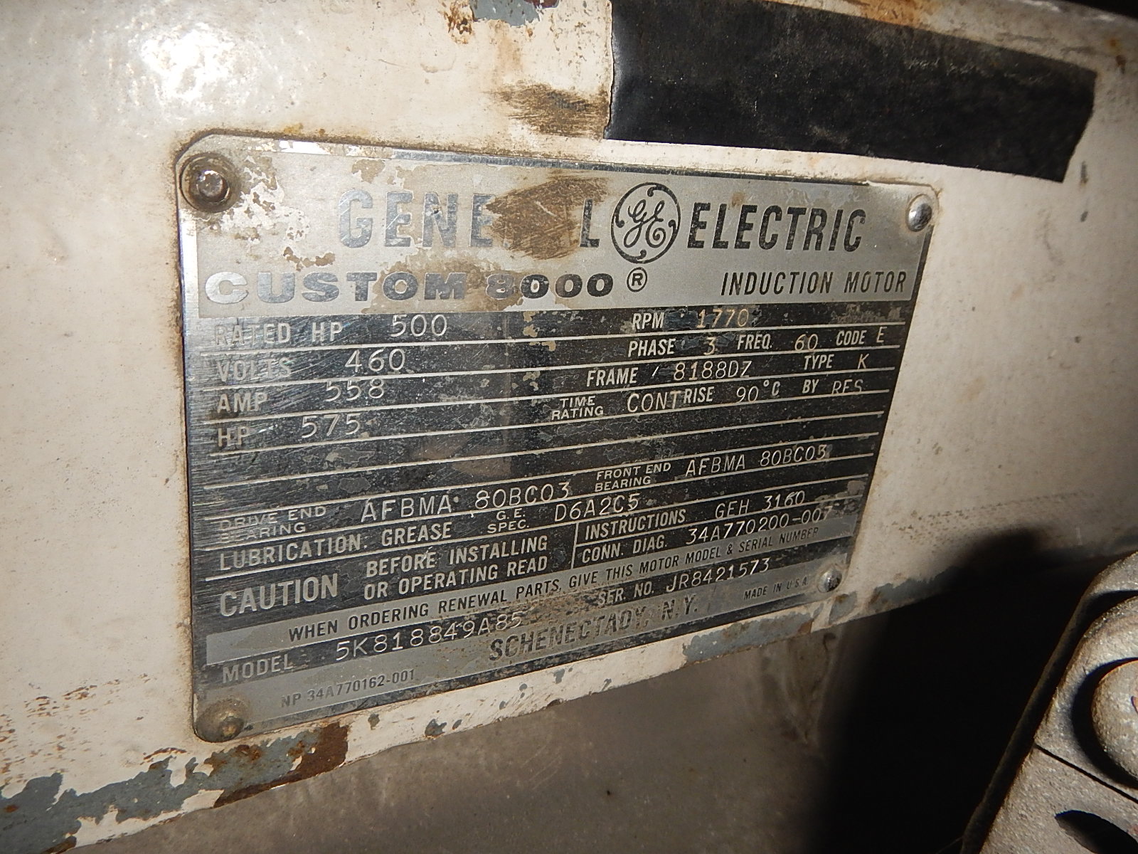 General Electric 500 HP 1800 RPM 8188DZ Squirrel Cage Motors 76735