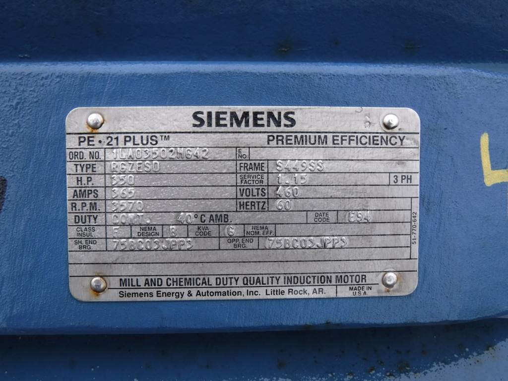 Siemens 350 HP 3600 RPM S449SS Squirrel Cage Motors 77042