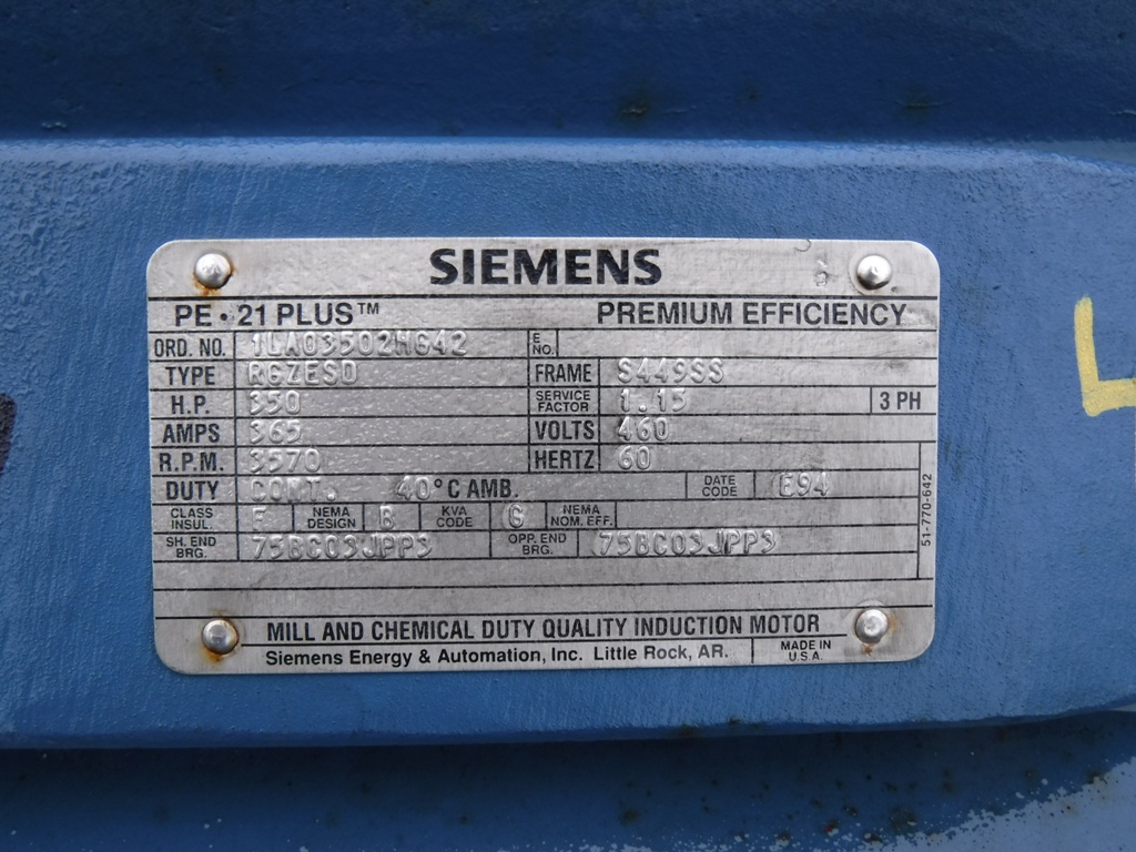 Siemens 350 HP 3600 RPM 449SS Squirrel Cage Motors 77042