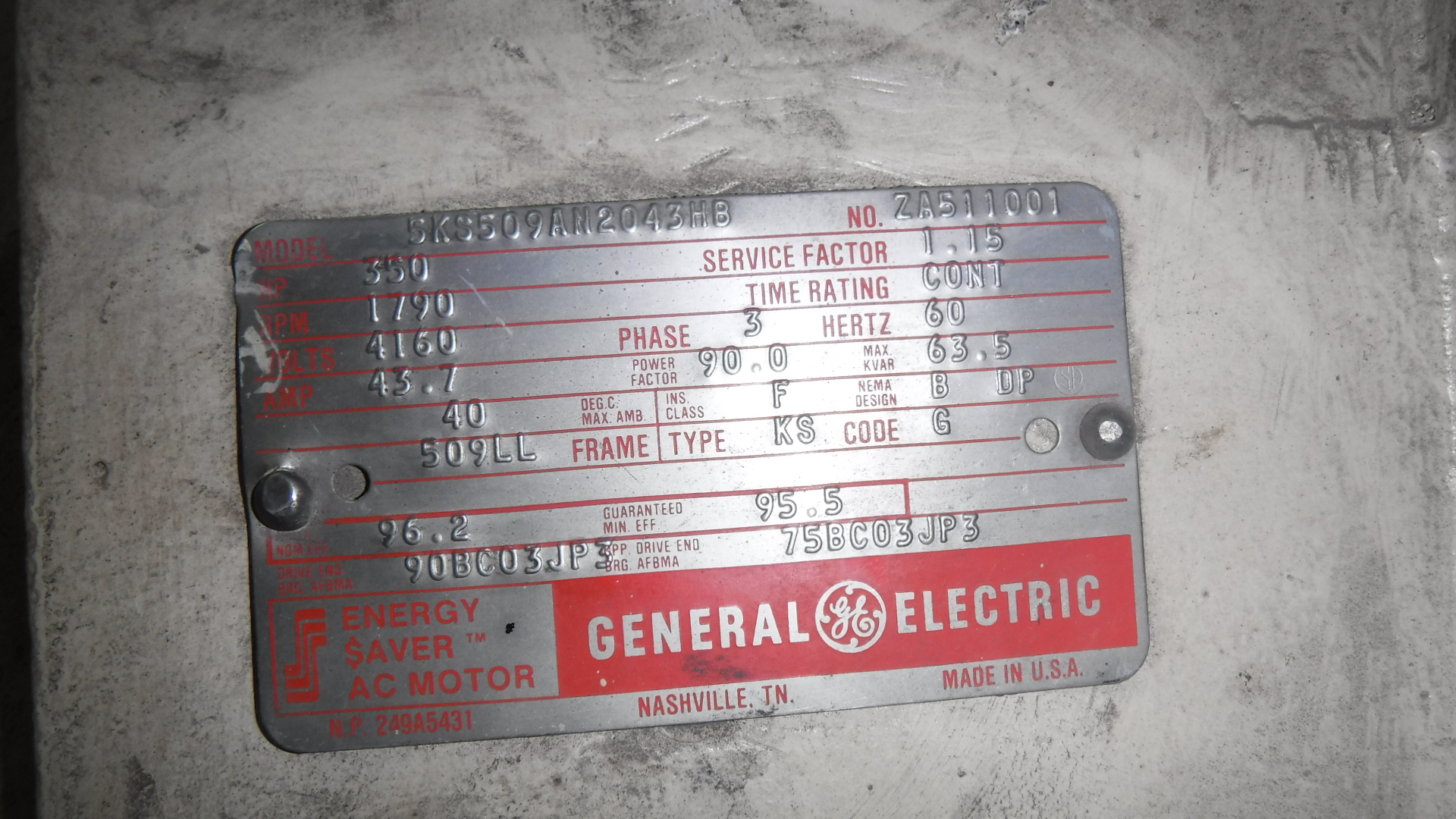 General Electric 350 HP 1800 RPM 509LL Squirrel Cage Motors 77367