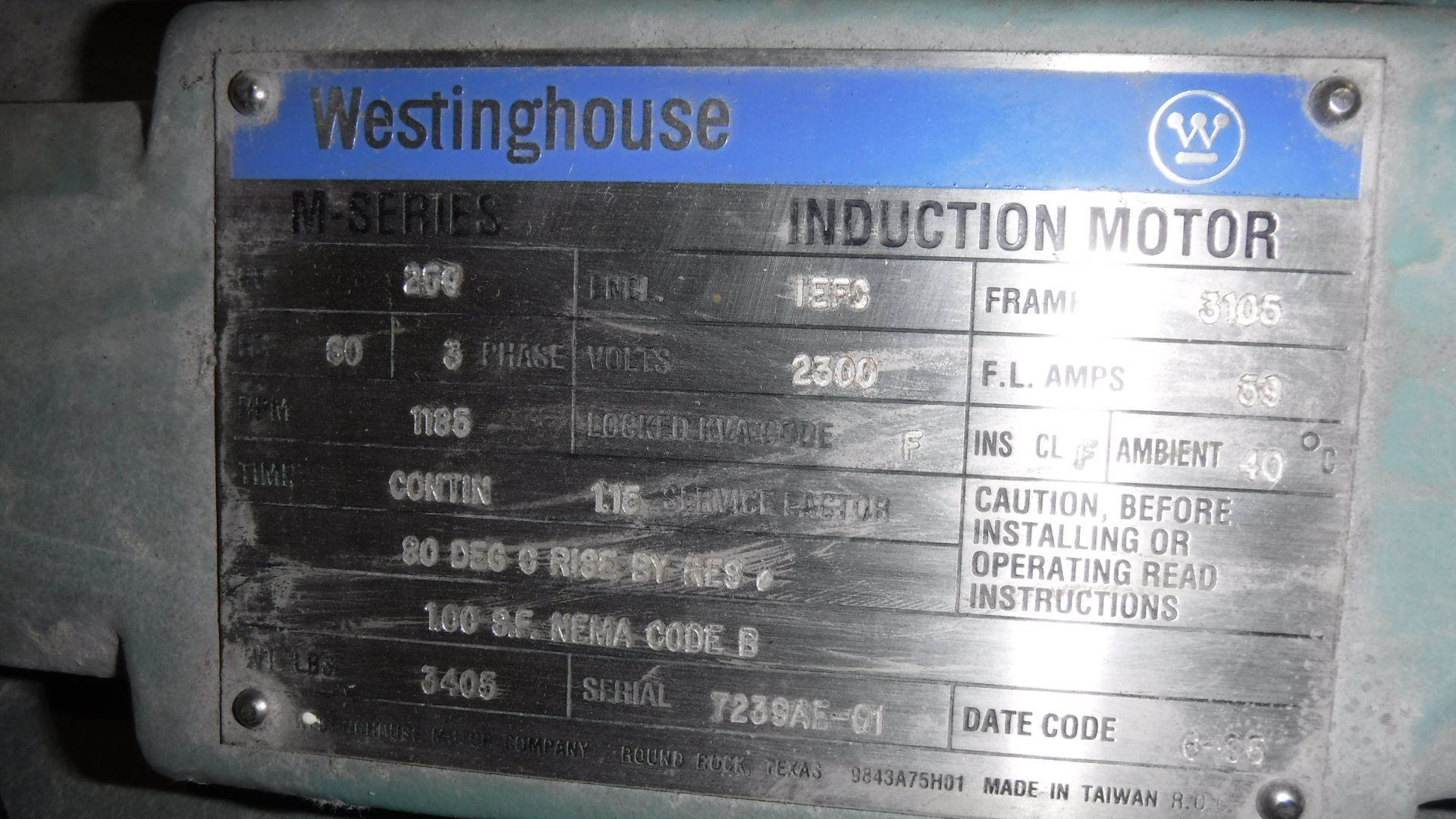 Westinghouse 250 HP 1200 RPM 3105 Squirrel Cage Motors 77465