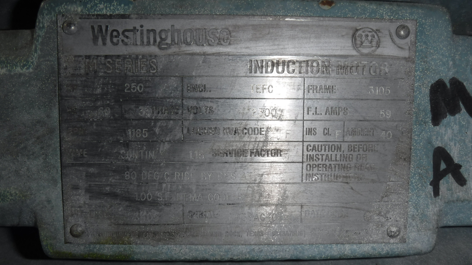Westinghouse 250 HP 1200 RPM 3105 Squirrel Cage Motors 77471
