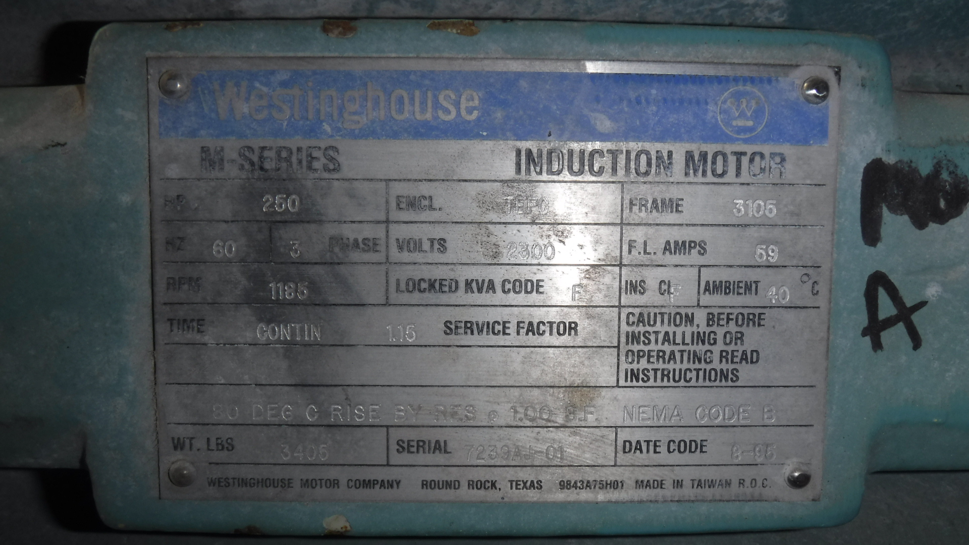Westinghouse 250 HP 1200 RPM 3105 Squirrel Cage Motors 77472
