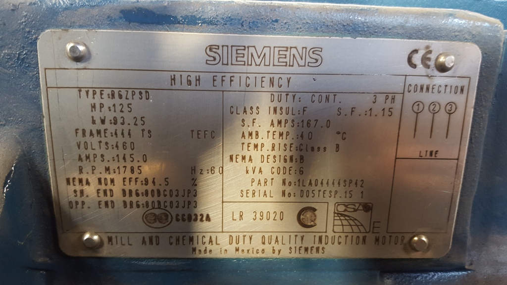 Siemens 125 HP 1800 RPM 444TS Squirrel Cage Motors 77699