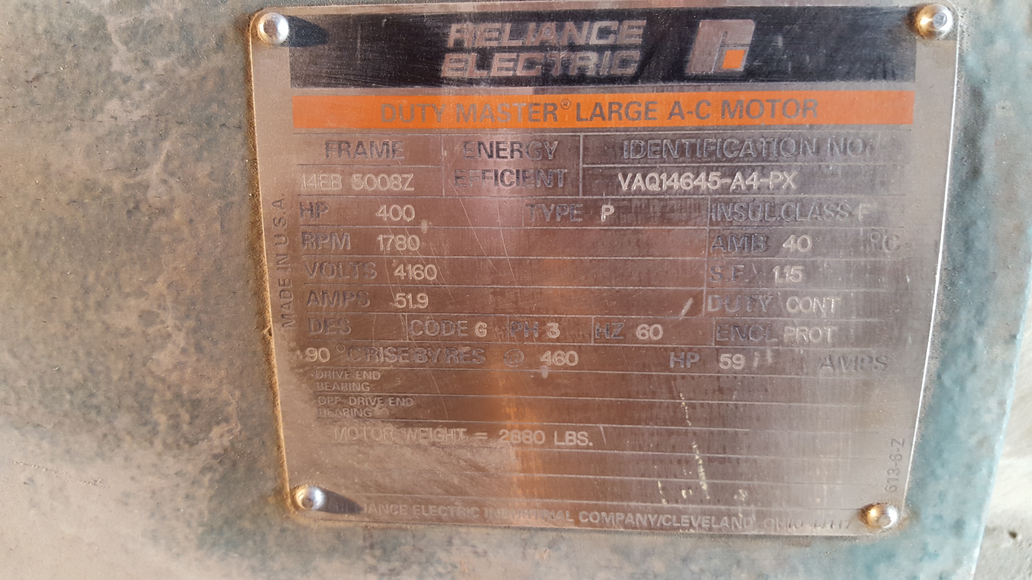 Reliance 400 HP 1800 RPM 5008Z Squirrel Cage Motors 77822