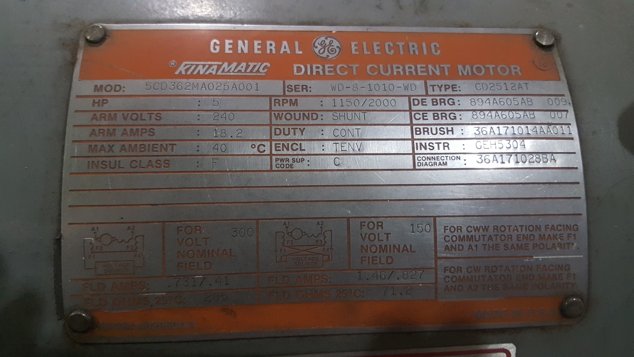 General Electric 5 HP 1150/2000 RPM 2512AT DC Motors 77911