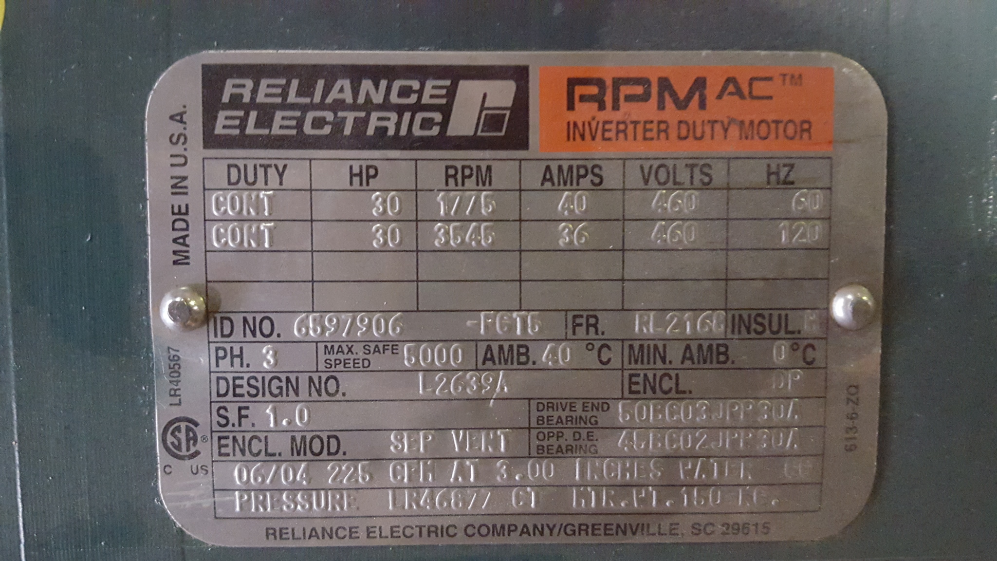 Reliance 30 HP 1800 RPM RL2168 Squirrel Cage Motors 77912
