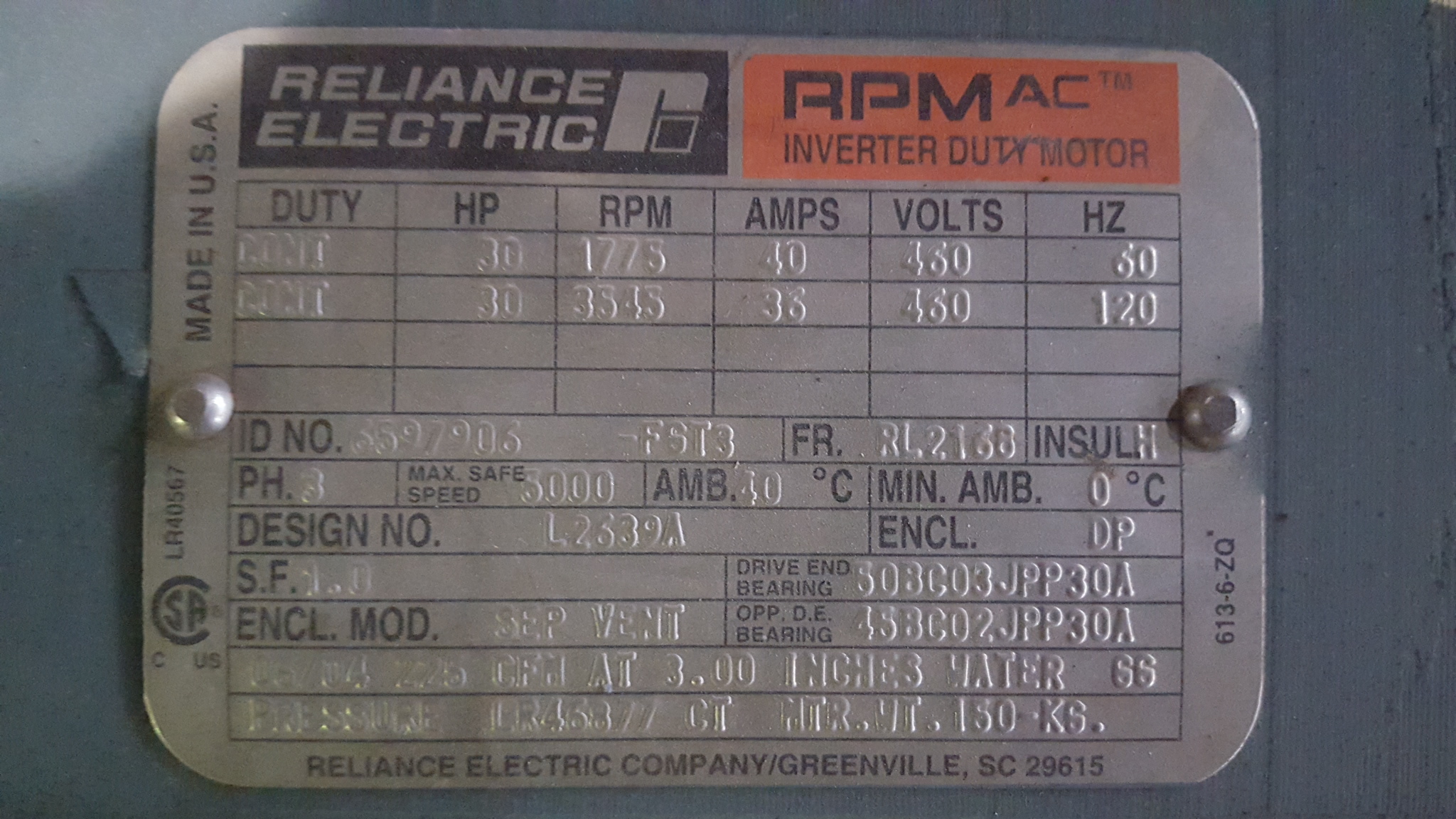 Reliance 30 HP 1800 RPM RL2168 Squirrel Cage Motors 77913