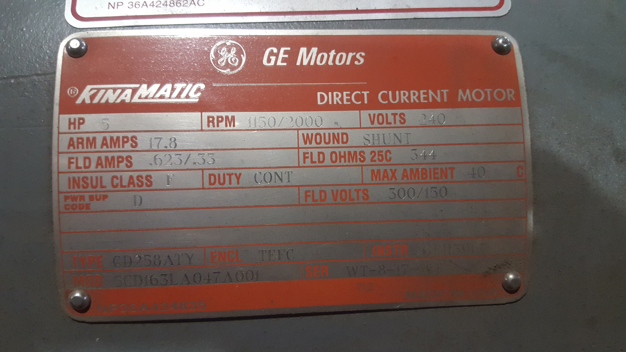 General Electric 5 HP 1150/2000 RPM 258ATY DC Motors 77915