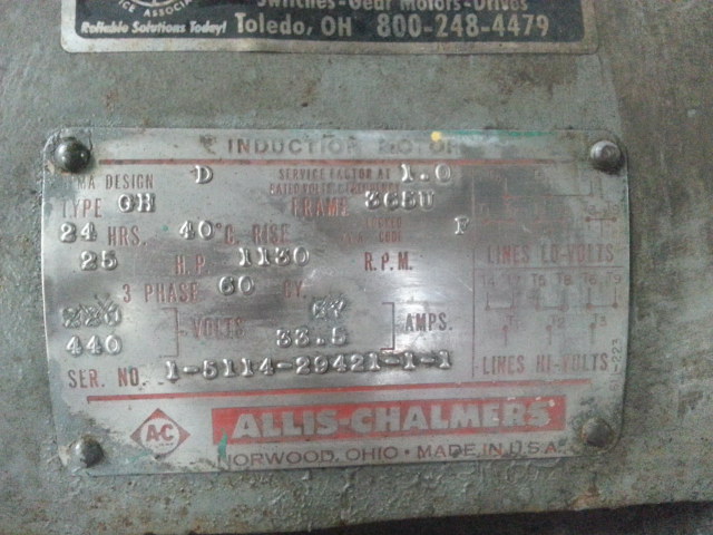 Allis-Chalmers 25 HP 1130 RPM 365U Design D Motors 78120
