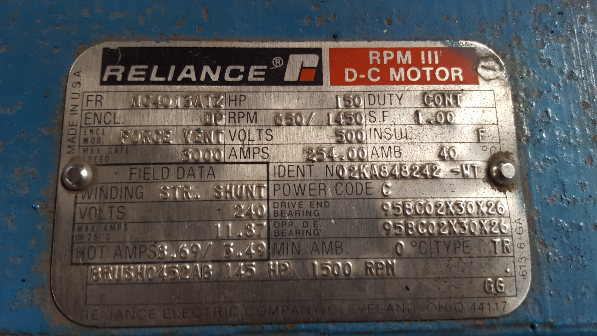 Reliance 150 HP 650/1450 RPM MC4013ATZ DC Motors 78144