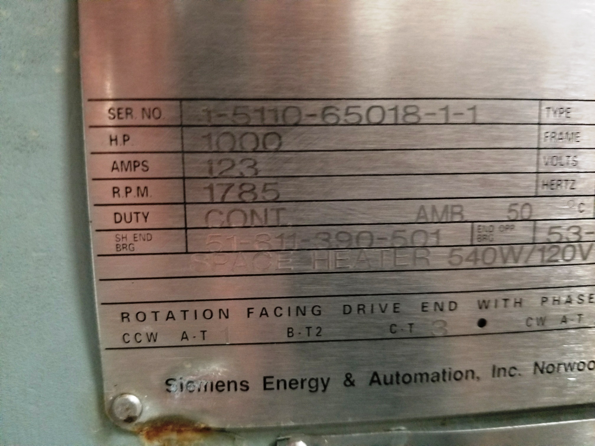 Siemens 1000 HP 1800 RPM 5810UZ Squirrel Cage Motors 78201