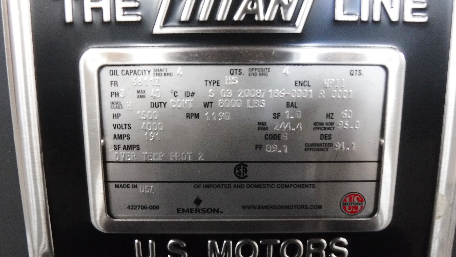 US Electric 1500 HP 1200 RPM 6811Z Squirrel Cage Motors 78256