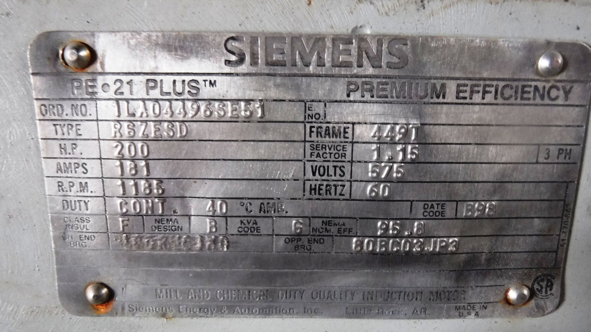 Siemens 200 HP 1200 RPM 449T Squirrel Cage Motors 78265