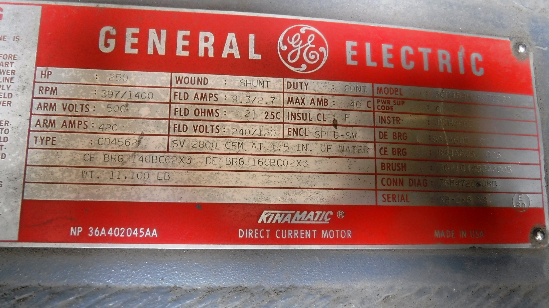 General Electric 250 HP 397/1400 RPM 4562 DC Motors 78312