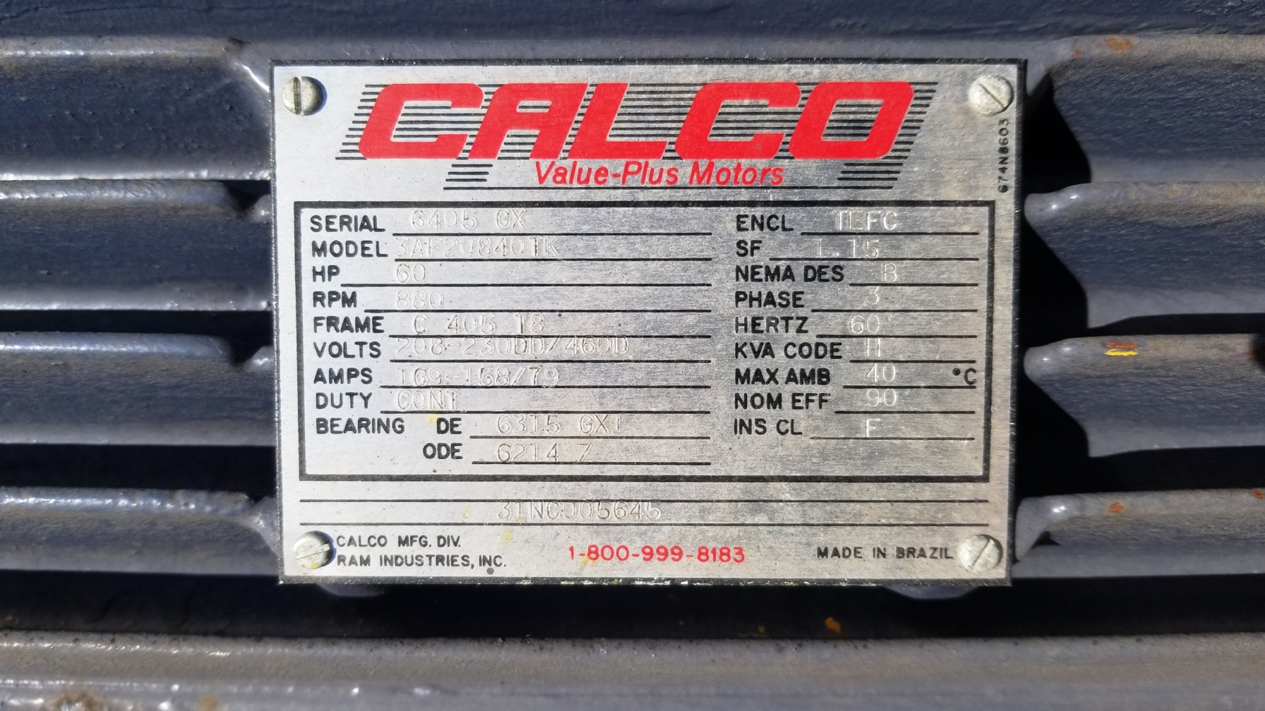 Calco 60 HP 900 RPM 405T Squirrel Cage Motors 78444