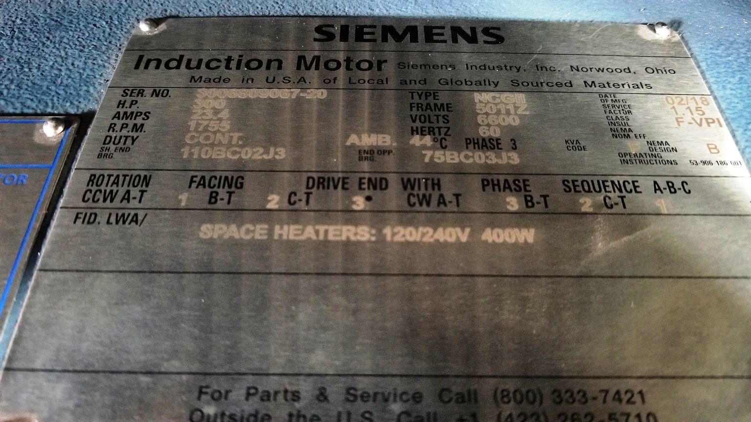 Siemens 300 HP 1800 RPM 5011Z Squirrel Cage Motors 78478