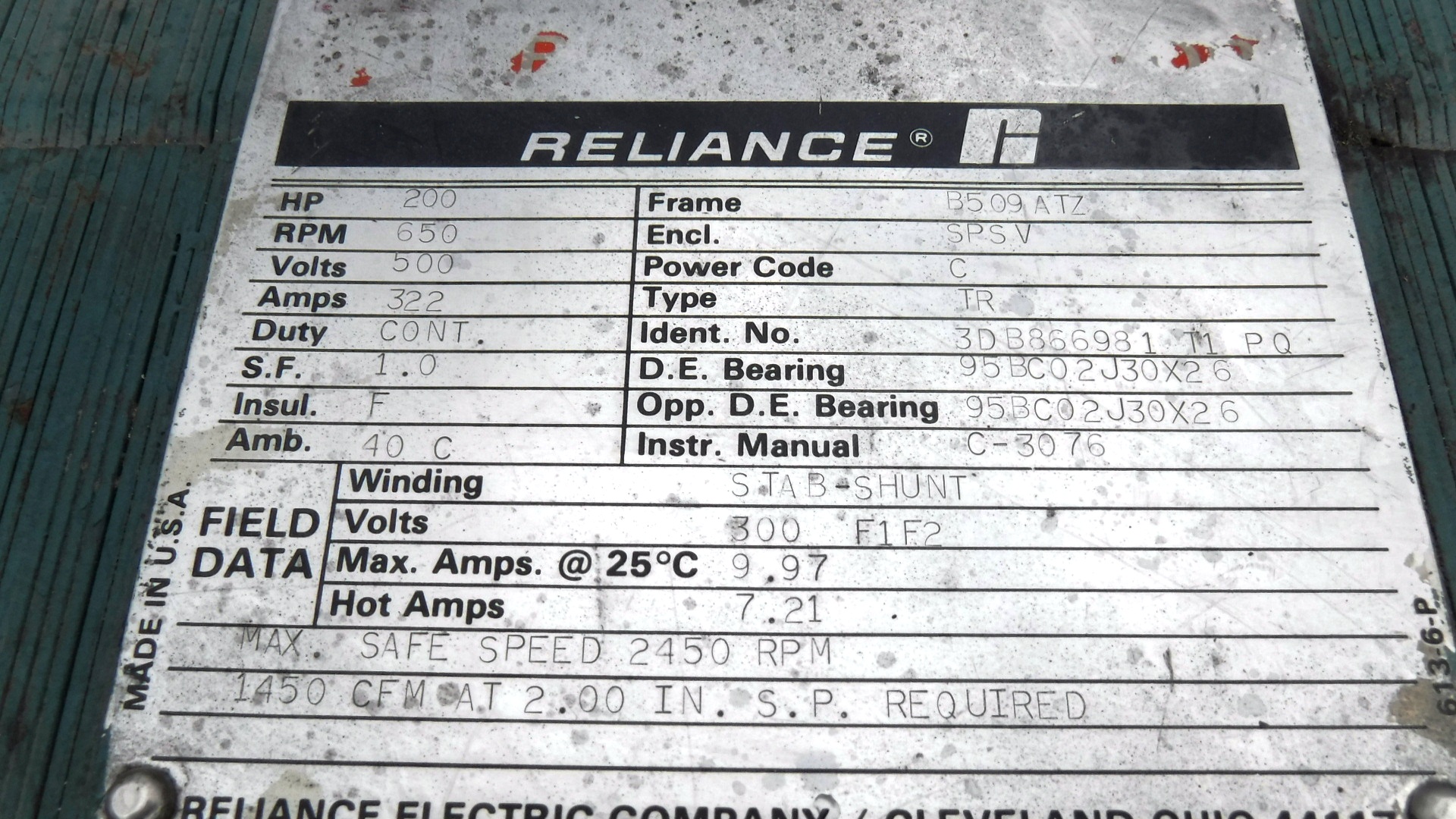 Reliance 200 HP 650 RPM B509ATZ DC Motors 78509
