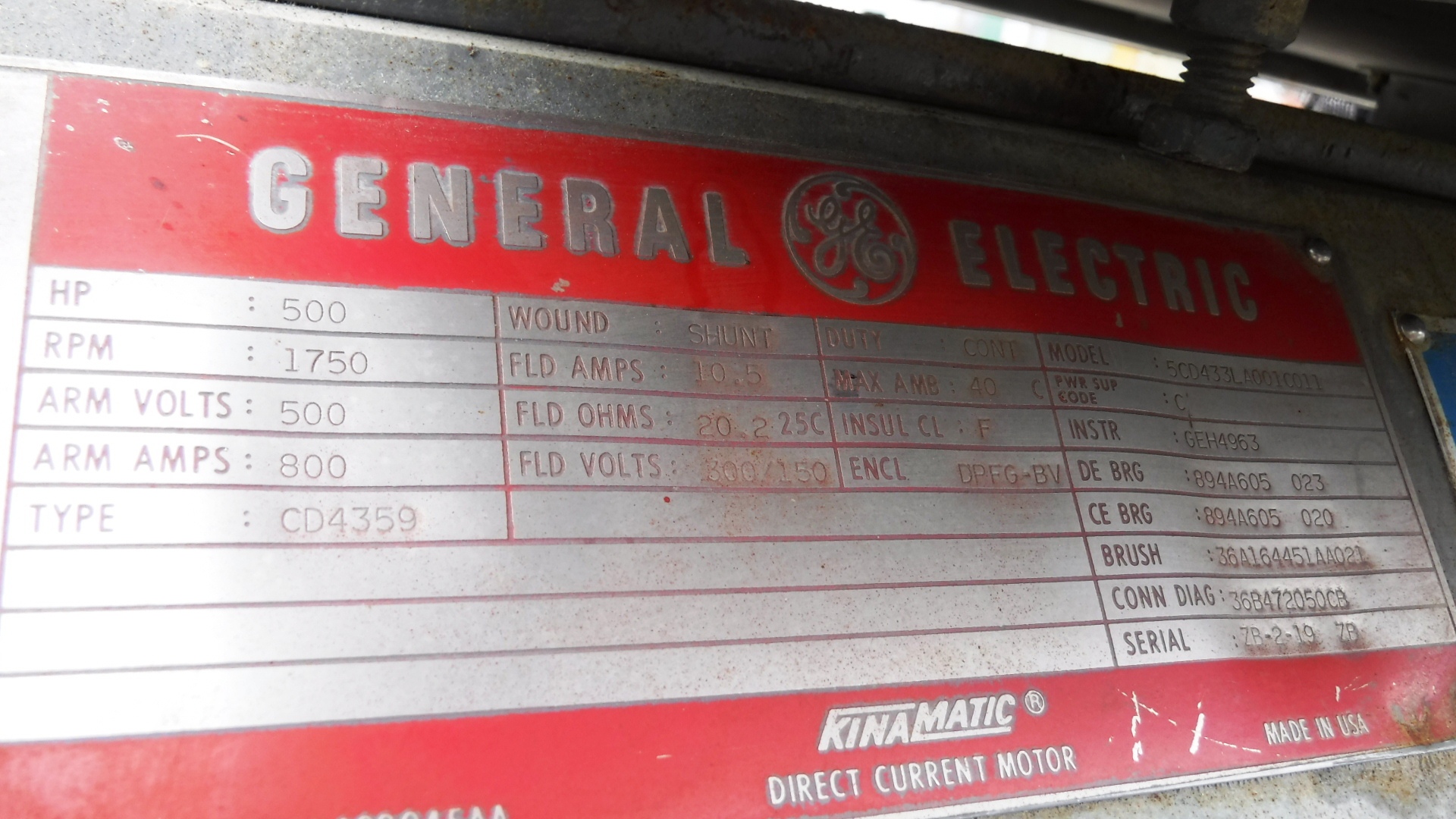 General Electric 500 HP 1750 RPM 4359 DC Motors 78510