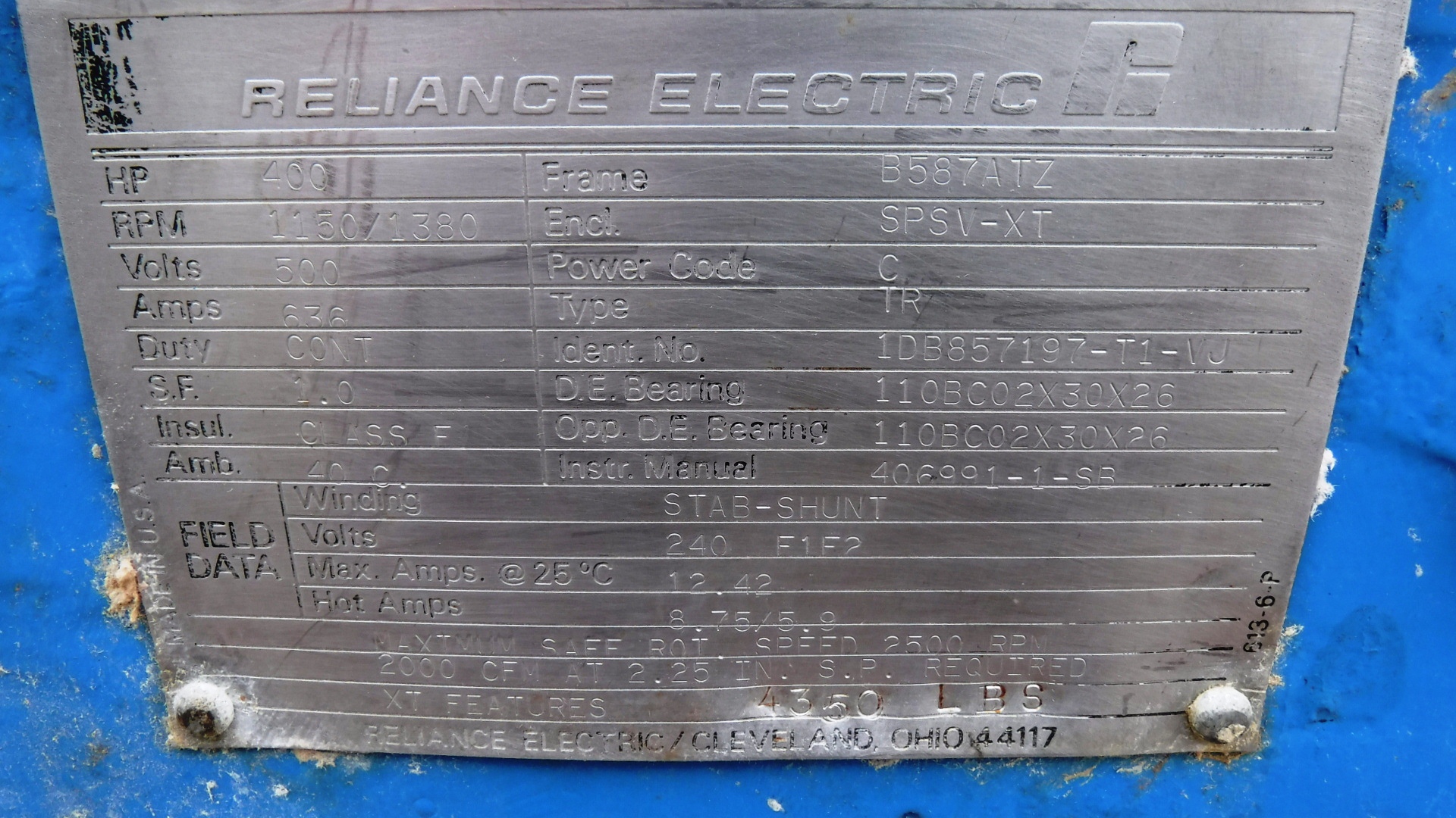 Reliance 400 HP 1150/1380 RPM B587ATZ DC Motors 78512