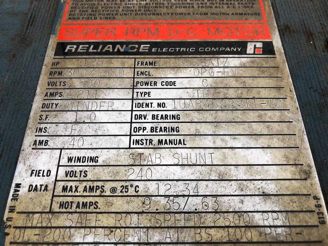Reliance 125 HP 300/1600 RPM B588ATZ DC Motors 78565