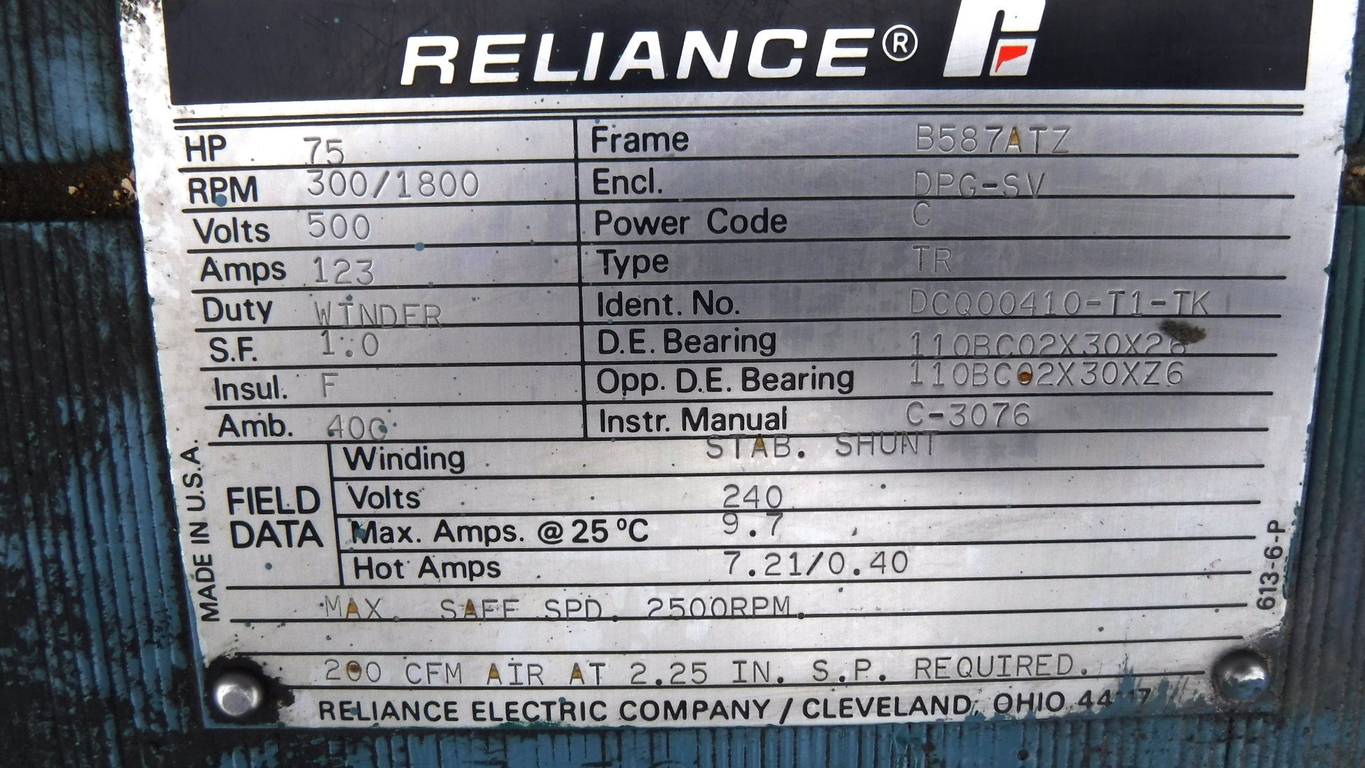 Reliance 75 HP 300/1800 RPM B587ATZ DC Motors 78658