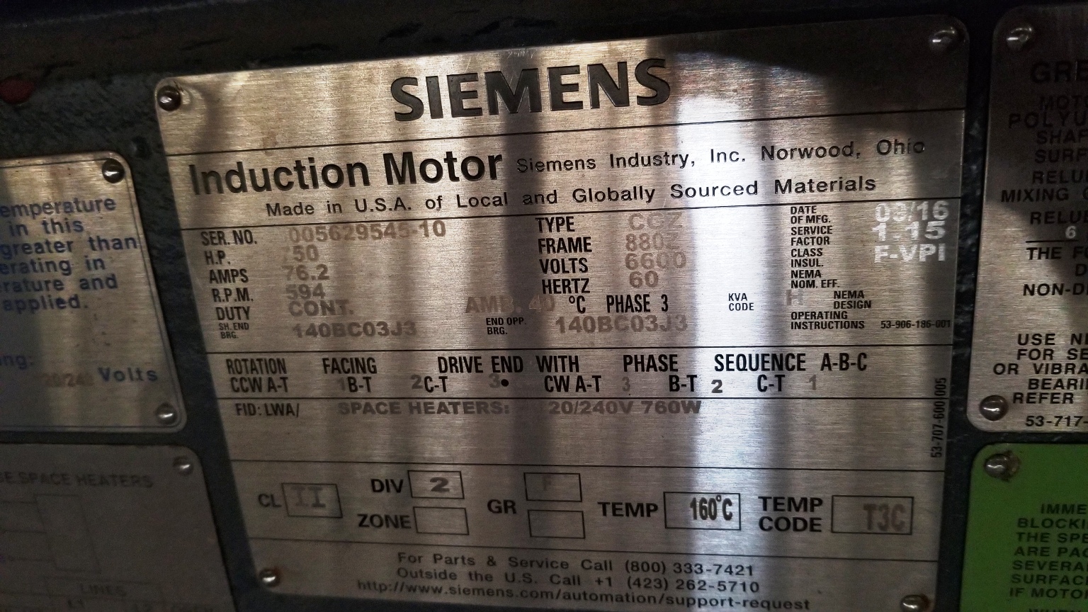 Siemens 750 HP 600 RPM 880Z Squirrel Cage Motors 78661