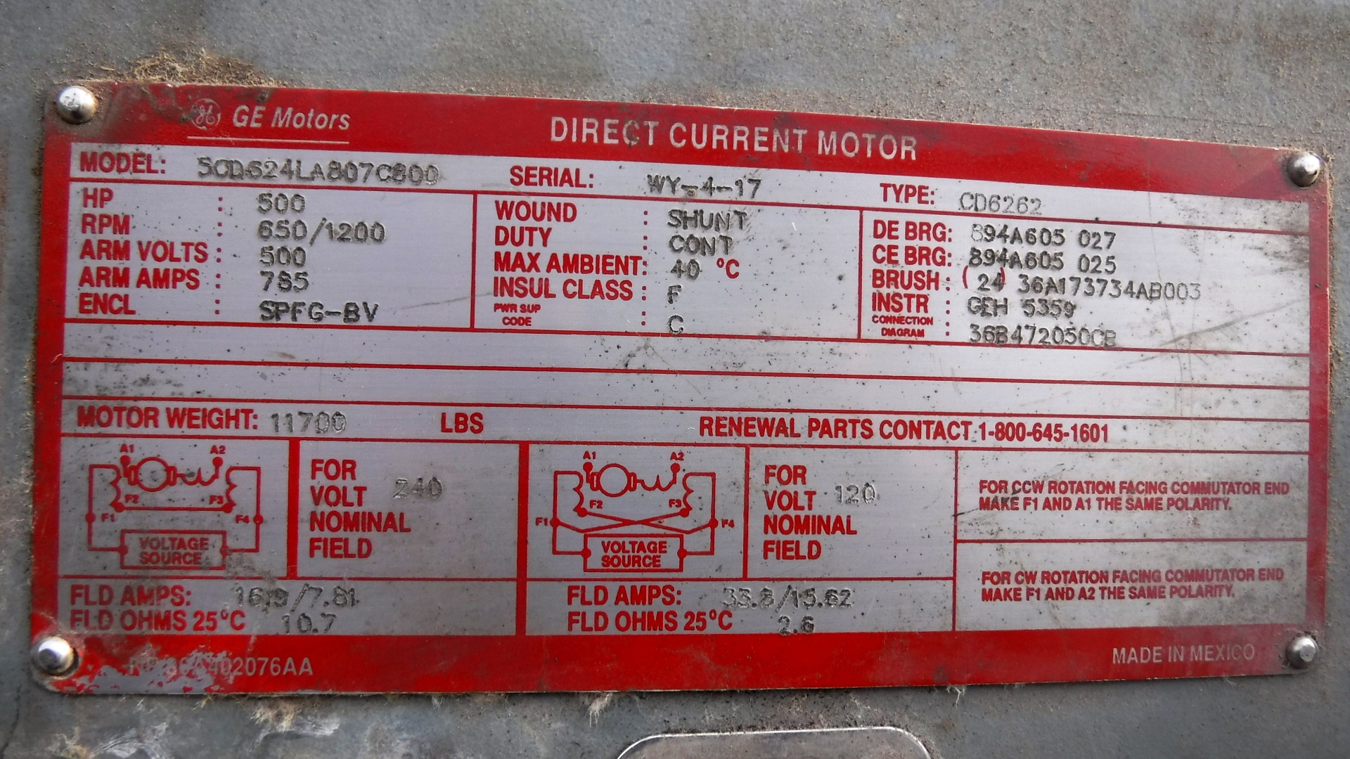 General Electric 500 HP 650/1200 RPM 6262 DC Motors 78671