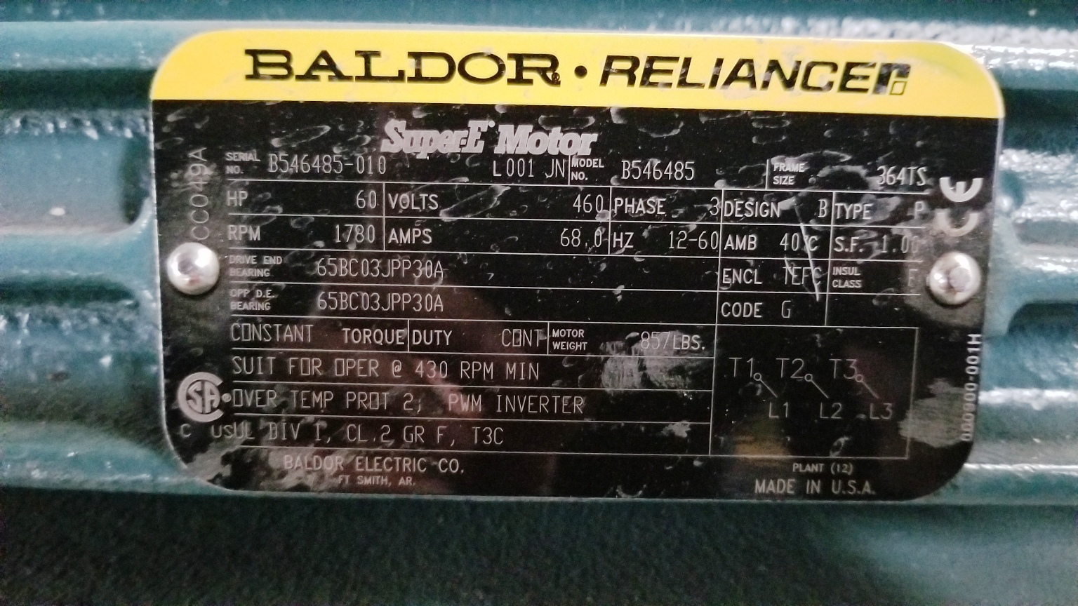 Baldor-Reliance 60 HP 1800 RPM 364TS Squirrel Cage Motors 78686