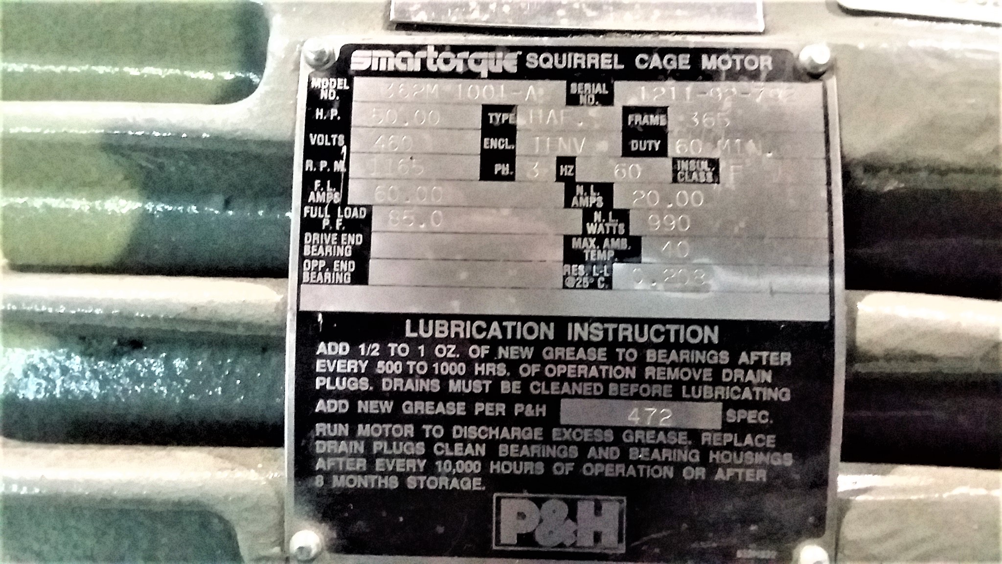 P&H 50 HP 1200 RPM 365TZ Squirrel Cage Motors 78852