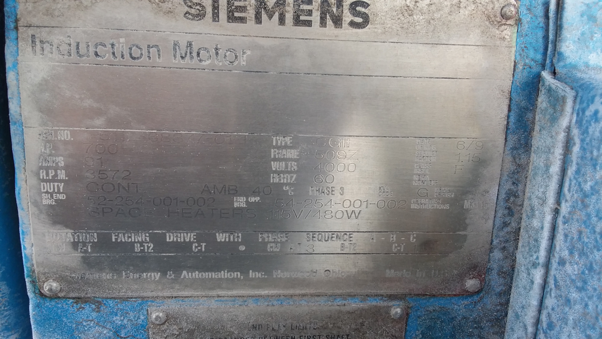 Siemens 700 HP 3600 RPM 509Z Squirrel Cage Motors 78903