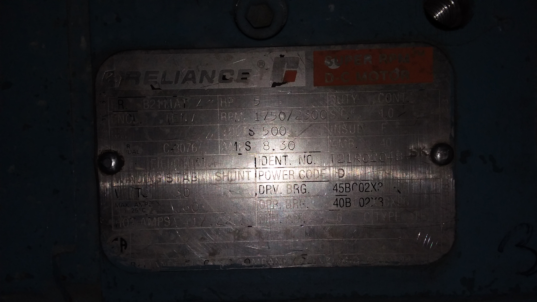 Reliance 5 HP 1750/2300 RPM B2111ATZ DC Motors 78914