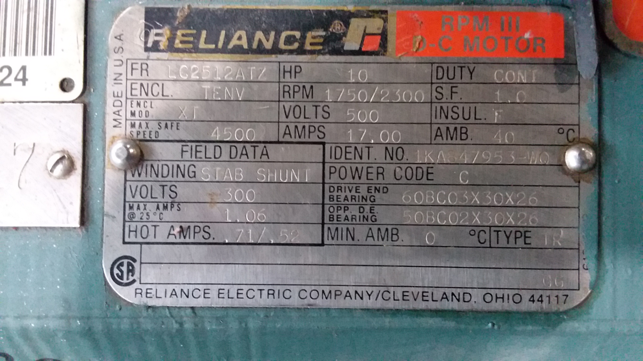 Reliance 10 HP 1750/2300 RPM LC2512ATZ DC Motors 78917