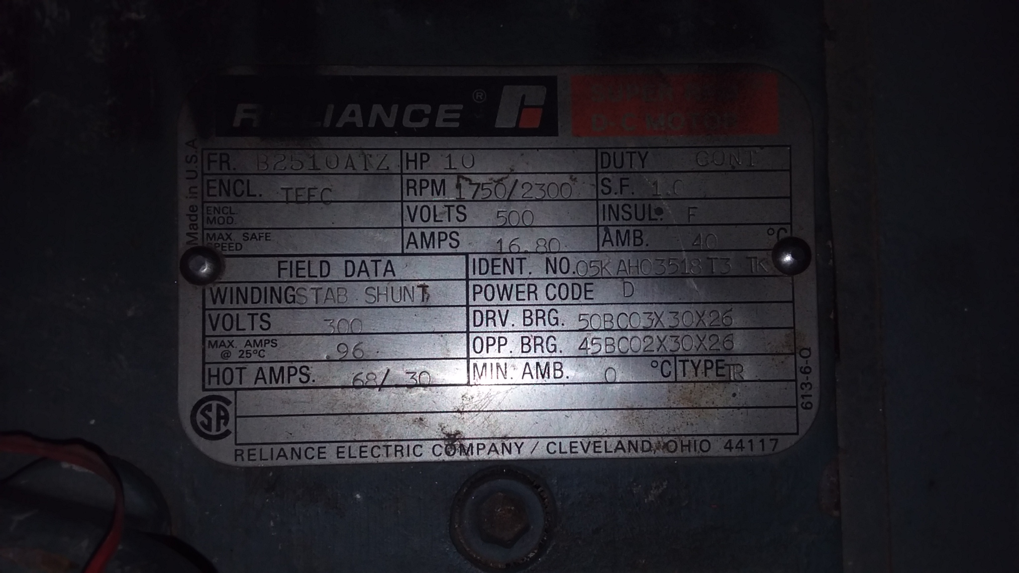 Reliance 10 HP 1750/2300 RPM B2510ATZ DC Motors 78926