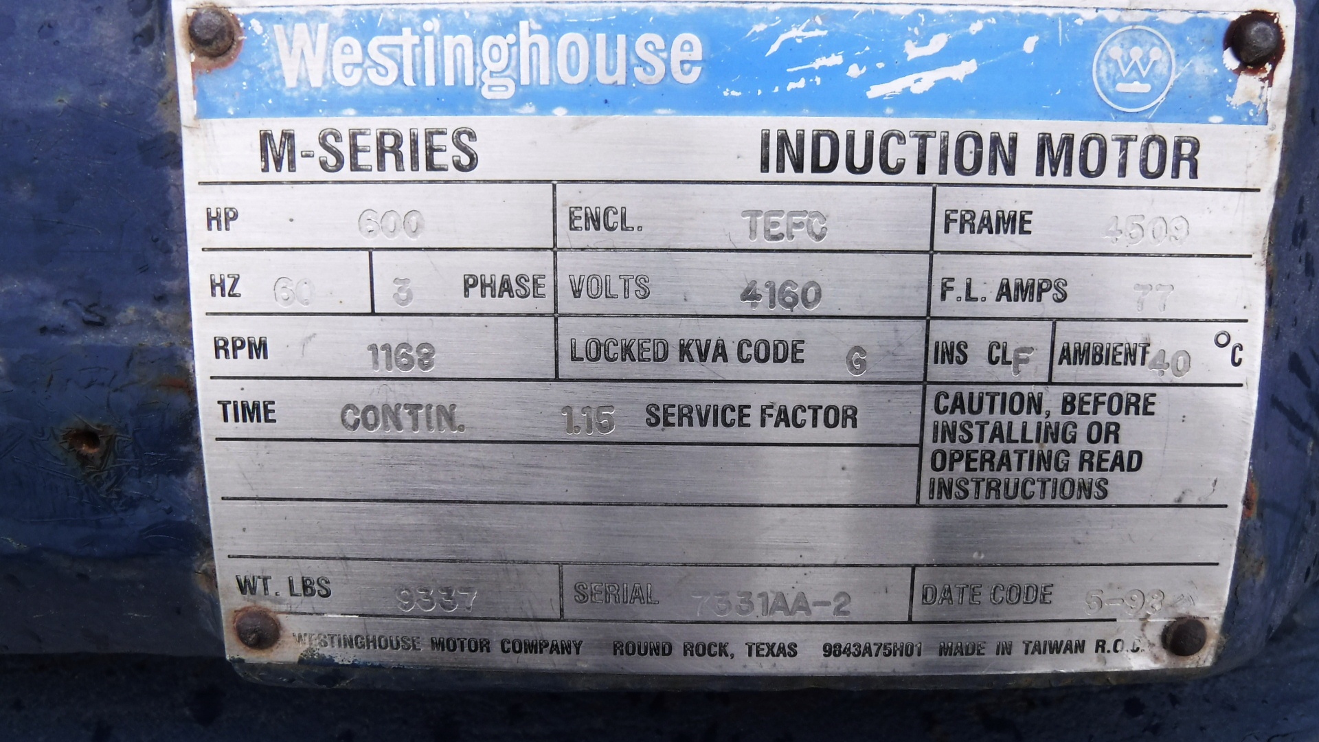 Westinghouse 600 HP 1200 RPM 4509 Squirrel Cage Motors 79153