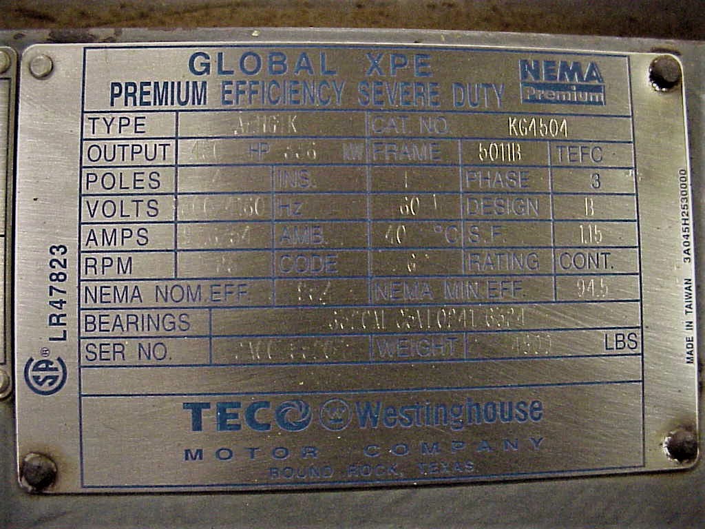Teco Westinghouse 450 HP 1800 RPM 5010/11B Squirrel Cage Motors 79155